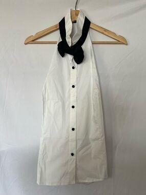 New York & Company Halter Blouse White with Black Bow Tie XL NWT